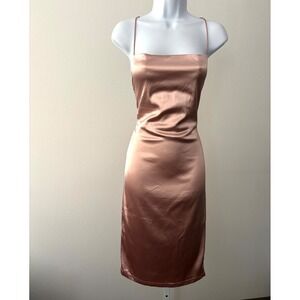 NWT Emprada Slip Dress Size L Night Luxe Rose Gold Satin Lace-Up Open Back Midi